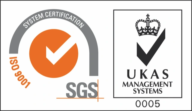ISO 9001 system certification mark issued by SGS, accredited by UKAS Management Systems 0005.