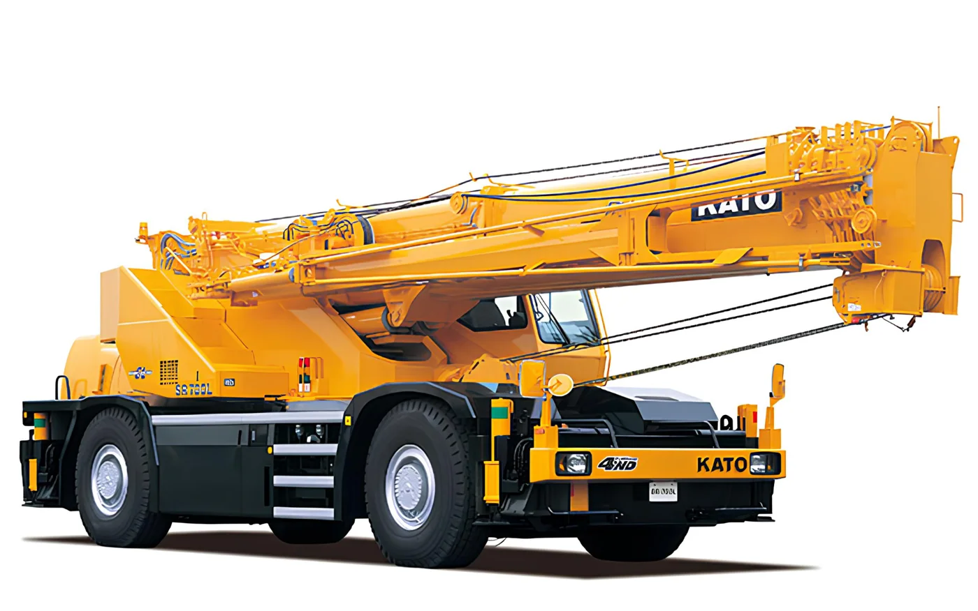 Kato 25-tonne mobile crane, yellow, boom extended.