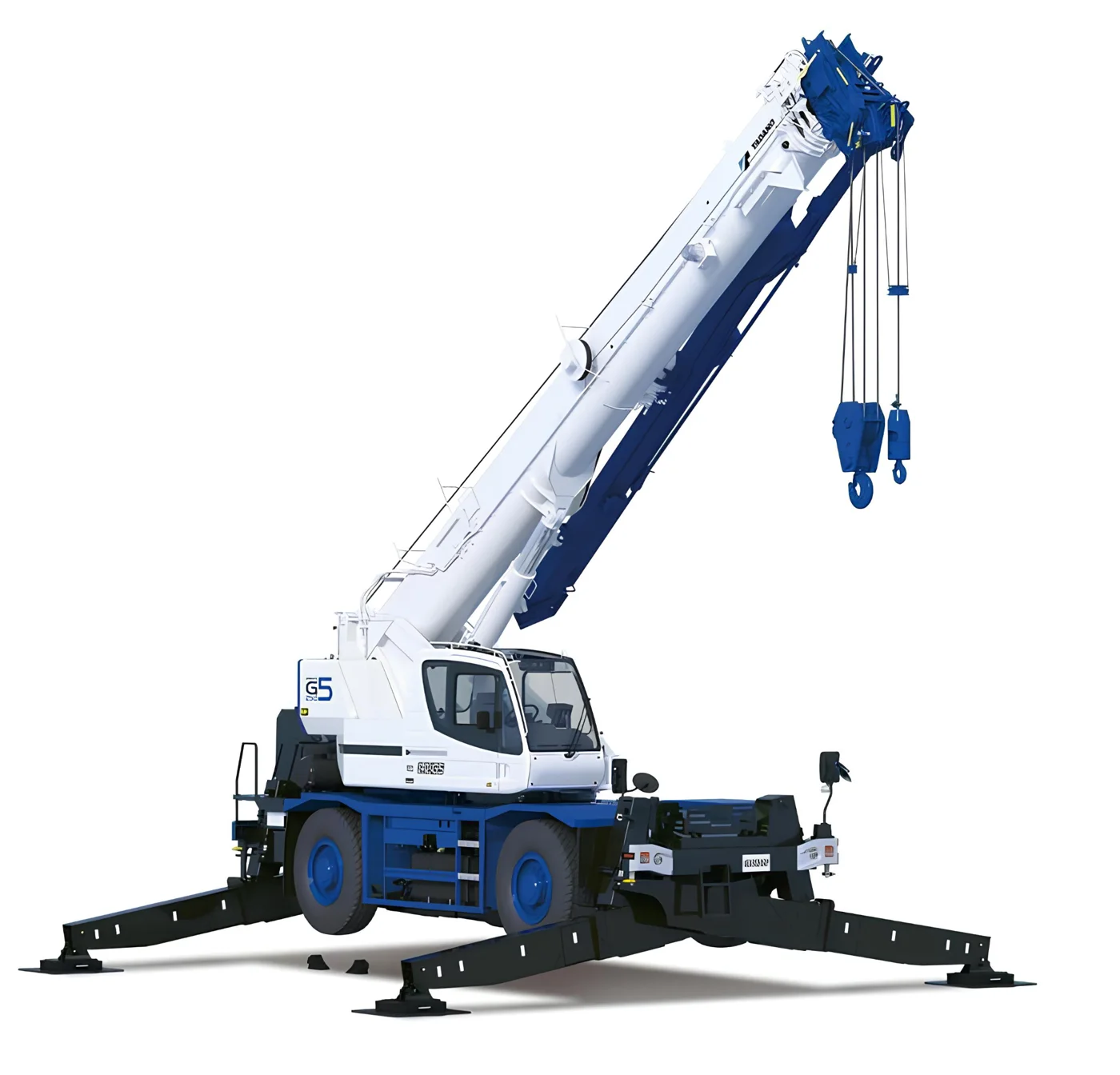 Tadano 30-tonne rough-terrain mobile crane, boom raised.